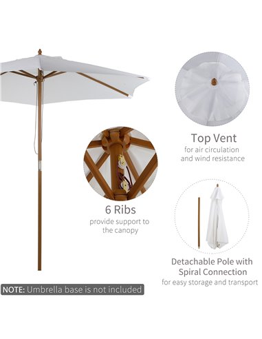 Outsunny 2.5m Patio Umbrella, Wood Garden Parasol, Sun Shade with 6 Ribs and Top Vent for Outdoor, White 84D-056CW