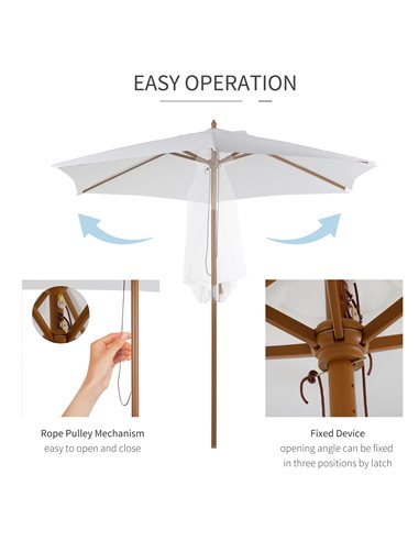 Outsunny 2.5m Patio Umbrella, Wood Garden Parasol, Sun Shade with 6 Ribs and Top Vent for Outdoor, White 84D-056CW
