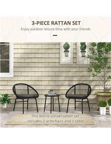 Outsunny 3 Piece Garden Furniture Set with Cushions, Round PE Rattan Bistro Set w/ 2 Armchairs & Metal Plate Coffee Table 863-14