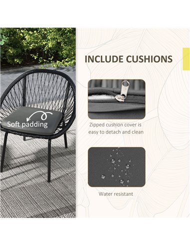 Outsunny 3 Piece Garden Furniture Set with Cushions, Round PE Rattan Bistro Set w/ 2 Armchairs & Metal Plate Coffee Table 863-14