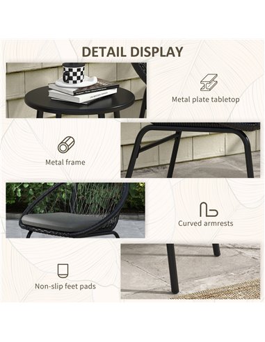 Outsunny 3 Piece Garden Furniture Set with Cushions, Round PE Rattan Bistro Set w/ 2 Armchairs & Metal Plate Coffee Table 863-14