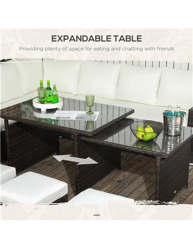 Outsunny 7 Piece Rattan Garden Furniture Set with Cushioned Sofa Seat, Footstools and Expandable Glass Table, 10-Seater, Cream 8