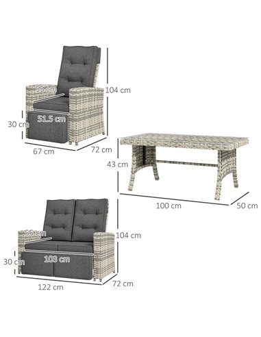 Outsunny 4 Piece Rattan Garden Furniture Set Outdoor Sofa Sectional Set with Glass Top Table for Yard, Poolside, Light Grey 860-