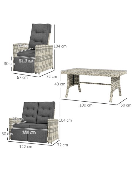 Outsunny 4 Piece Rattan Garden Furniture Set Outdoor Sofa Sectional Set with Glass Top Table for Yard, Poolside, Light Grey 860- - pic 51284 | FastDaddyshop