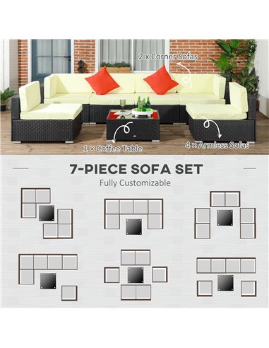 Outsunny 7 Pieces PE Rattan Garden Furniture Set w/ Thick Padded Cushion, Patio Garden Corner Sofa Sets w/ Glass Coffee Table an