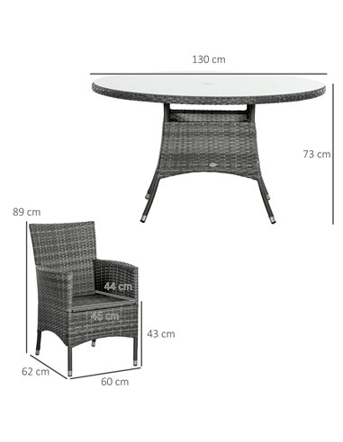 Outsunny 7 Pieces PE Rattan Dining Set w/ Cushions, Garden Furniture Set w/ Six Armchairs, Patio Conservatory w/ Tempered Glass 