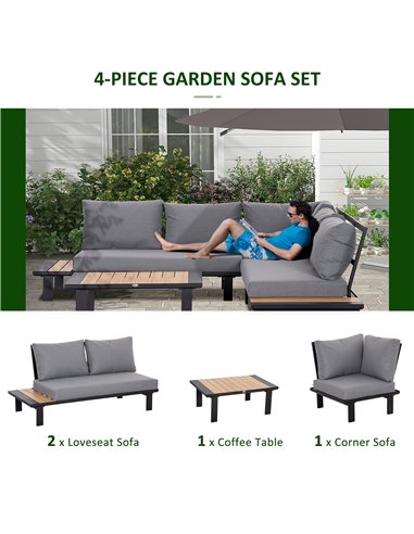 Outsunny 4 Pieces Aluminium Garden Furniture Set L Shape Sofa Set with Tables, Cushions for Indoor, Garden, Patio, Dark Grey 84B