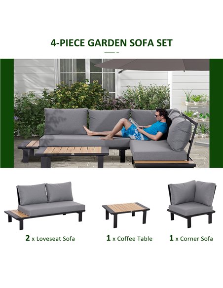 Outsunny 4 Pieces Aluminium Garden Furniture Set L Shape Sofa Set with Tables, Cushions for Indoor, Garden, Patio, Dark Grey 84B - pic 51312 | FastDaddyshop
