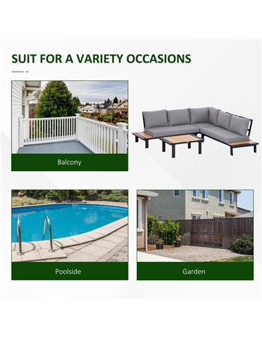 Outsunny 4 Pieces Aluminium Garden Furniture Set L Shape Sofa Set with Tables, Cushions for Indoor, Garden, Patio, Dark Grey 84B