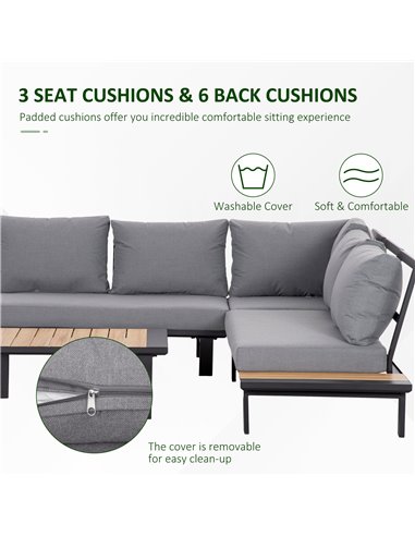 Outsunny 4 Pieces Aluminium Garden Furniture Set L Shape Sofa Set with Tables, Cushions for Indoor, Garden, Patio, Dark Grey 84B