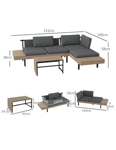 Outsunny 3-Piece L Shaped Garden Sofa Set with Sofa, Table, Cushions, HDPE, Garden Furniture Set for Poolside, Patio 84G-472V00G