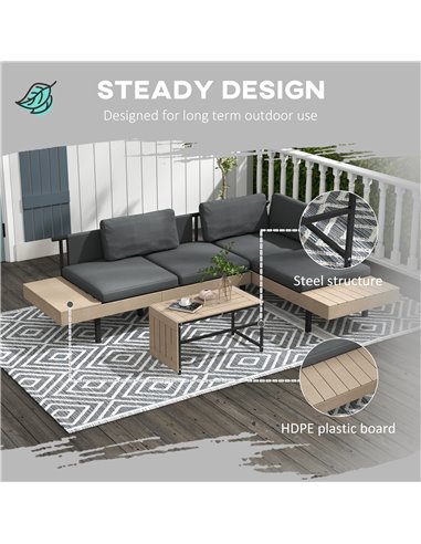 Outsunny 3-Piece L Shaped Garden Sofa Set with Sofa, Table, Cushions, HDPE, Garden Furniture Set for Poolside, Patio 84G-472V00G