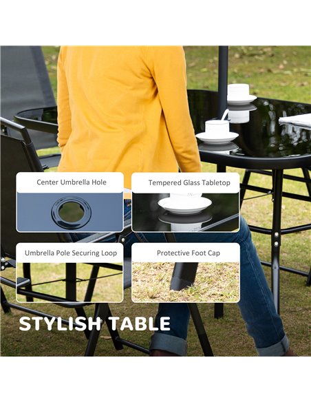 Outsunny 8 Pieces Metal Garden Furniture Set with Parasol and Folding Chairs, Patio Dining Set, 6 Seater Outdoor Table and Chair - pic 51330 | FastDaddyshop