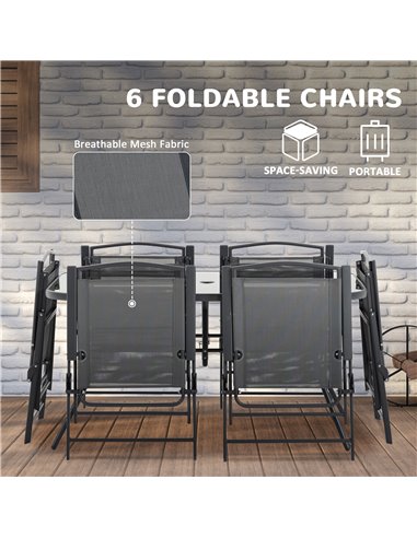 Outsunny 8 Pieces Metal Garden Furniture Set with Parasol and Folding Chairs, Patio Dining Set, 6 Seater Outdoor Table and Chair