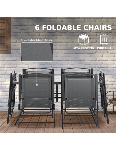 Outsunny 8 Pieces Metal Garden Furniture Set with Parasol and Folding Chairs, Patio Dining Set, 6 Seater Outdoor Table and Chair - pic 51331 | FastDaddyshop
