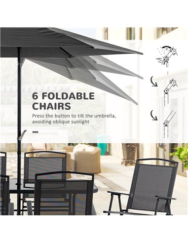 Outsunny 8 Pieces Metal Garden Furniture Set with Parasol and Folding Chairs, Patio Dining Set, 6 Seater Outdoor Table and Chair