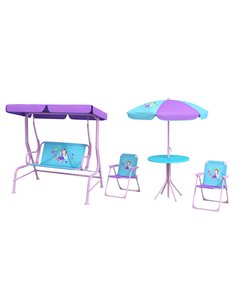Outsunny 4PCs Kids Garden Furniture Set with Parasol, Purple & Blue 3E1-P001