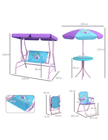 Outsunny 4PCs Kids Garden Furniture Set w/ 2 Seater Garden Swing Chair w/ Adjustable Canopy, Table and Chair Set w/ Parasol, for