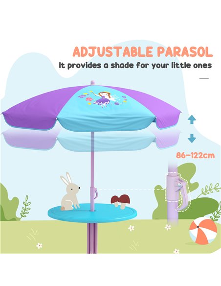 Outsunny 4PCs Kids Garden Furniture Set w/ 2 Seater Garden Swing Chair w/ Adjustable Canopy, Table and Chair Set w/ Parasol, for - pic 51339 | FastDaddyshop