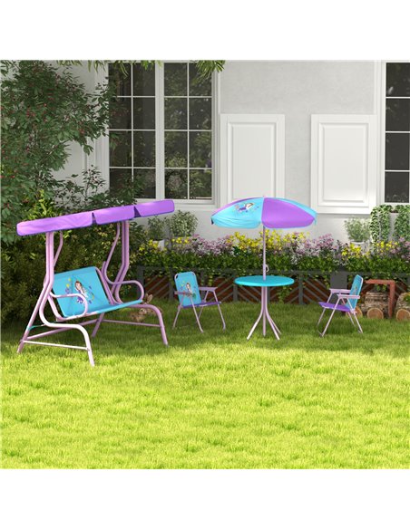 Outsunny 4PCs Kids Garden Furniture Set w/ 2 Seater Garden Swing Chair w/ Adjustable Canopy, Table and Chair Set w/ Parasol, for - pic 51343 | FastDaddyshop