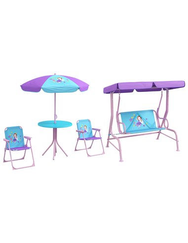 Outsunny 4PCs Kids Garden Furniture Set w/ 2 Seater Garden Swing Chair w/ Adjustable Canopy, Table and Chair Set w/ Parasol, for