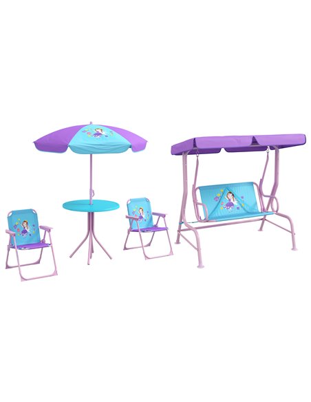 Outsunny 4PCs Kids Garden Furniture Set w/ 2 Seater Garden Swing Chair w/ Adjustable Canopy, Table and Chair Set w/ Parasol, for - pic 51344 | FastDaddyshop