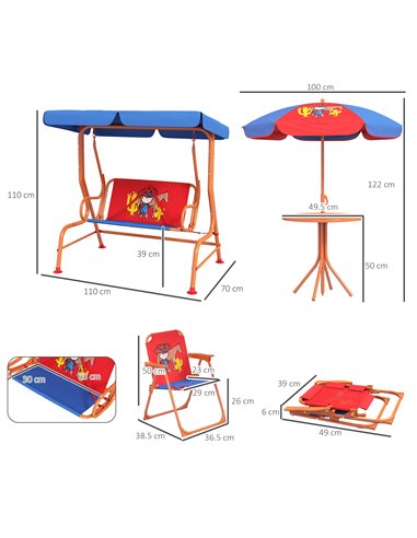 Outsunny 4 Piece Kids Garden Furniture Set with Adjustable Canopy, Cowboy Themed, Kids Garden Table and Chair Set and Double Sea