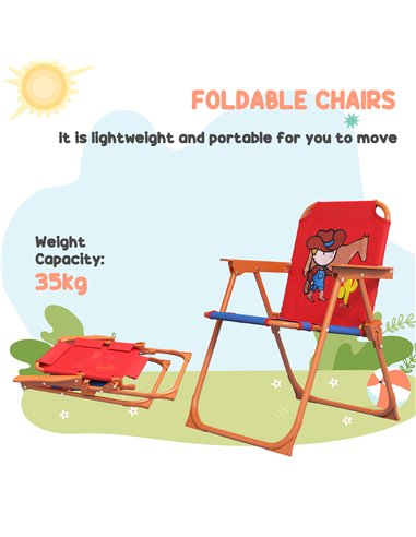 Outsunny 4 Piece Kids Garden Furniture Set with Adjustable Canopy, Cowboy Themed, Kids Garden Table and Chair Set and Double Sea