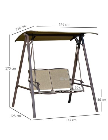 Outsunny 2 Seater Garden Swing Chair, Outdoor Canopy Swing Bench with Adjustable Shade and Metal Frame, Brown 84A-251BN
