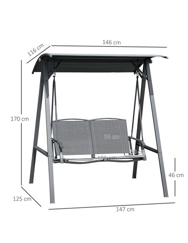 Outsunny 2 Seater Garden Swing Chair, Outdoor Canopy Swing Bench with Adjustable Shade and Metal Frame, Dark Grey 84A-251CG