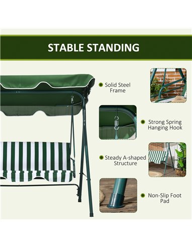Outsunny 3 Seater Garden Swing Chair with Adjustable Canopy, Steel Frame, Padded Seat, Green  84A-054V03GN