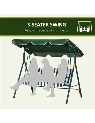 Outsunny 3 Seater Garden Swing Chair with Adjustable Canopy, Steel Frame, Padded Seat, Green  84A-054V03GN