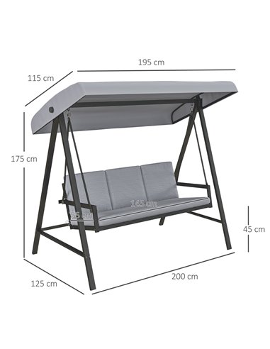 Outsunny 3 Seater Garden Swing Chair, Outdoor Hammock Bench with Adjustable Canopy, Removable Cushions and Steel Frame, Grey 84A