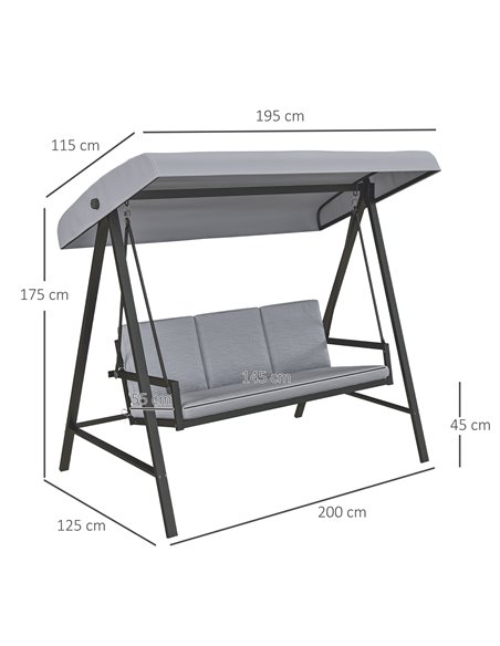 Outsunny 3 Seater Garden Swing Chair, Outdoor Hammock Bench with Adjustable Canopy, Removable Cushions and Steel Frame, Grey 84A - pic 51509 | FastDaddyshop