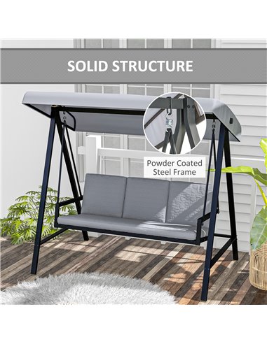 Outsunny 3 Seater Garden Swing Chair, Outdoor Hammock Bench with Adjustable Canopy, Removable Cushions and Steel Frame, Grey 84A