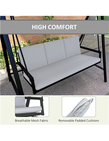 Outsunny 3 Seater Garden Swing Chair, Outdoor Hammock Bench with Adjustable Canopy, Removable Cushions and Steel Frame, Grey 84A