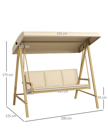 Outsunny 3 Seater Garden Swing Chair, Outdoor Hammock Bench with Adjustable Canopy, Removable Cushions and Steel Frame, Beige 84
