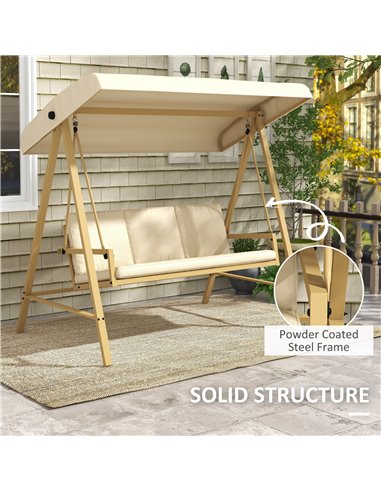 Outsunny 3 Seater Garden Swing Chair, Outdoor Hammock Bench with Adjustable Canopy, Removable Cushions and Steel Frame, Beige 84