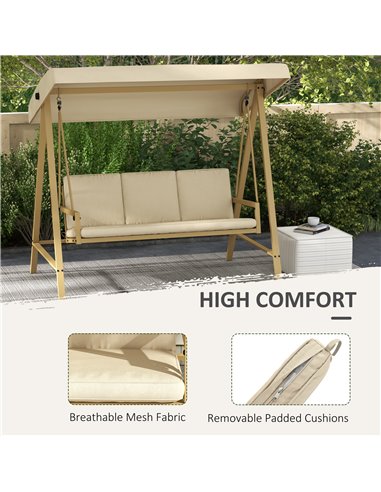 Outsunny 3 Seater Garden Swing Chair, Outdoor Hammock Bench with Adjustable Canopy, Removable Cushions and Steel Frame, Beige 84