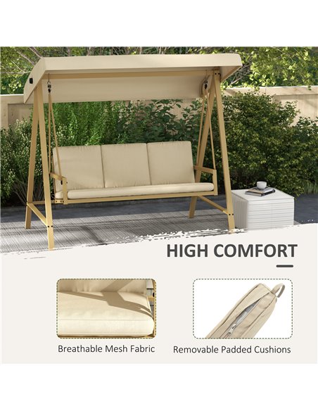 Outsunny 3 Seater Garden Swing Chair, Outdoor Hammock Bench with Adjustable Canopy, Removable Cushions and Steel Frame, Beige 84 - pic 51547 | FastDaddyshop