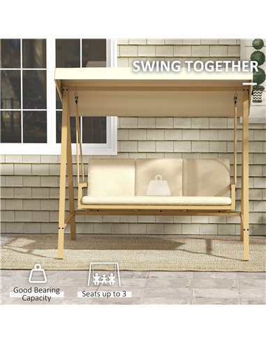 Outsunny 3 Seater Garden Swing Chair, Outdoor Hammock Bench with Adjustable Canopy, Removable Cushions and Steel Frame, Beige 84