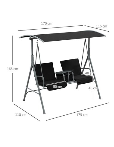Outsunny 2 Seater Garden Swing Chair Patio Rocking Bench w/ Tilting Canopy, Double Padded Seats, Storage Bag and Tray, Black 84A