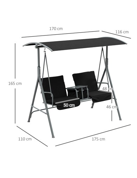 Outsunny 2 Seater Garden Swing Chair Patio Rocking Bench w/ Tilting Canopy, Double Padded Seats, Storage Bag and Tray, Black 84A - pic 51563 | FastDaddyshop