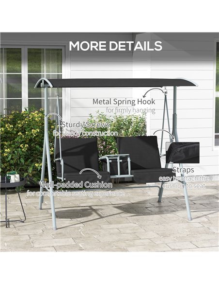Outsunny 2 Seater Garden Swing Chair Patio Rocking Bench w/ Tilting Canopy, Double Padded Seats, Storage Bag and Tray, Black 84A - pic 51566 | FastDaddyshop
