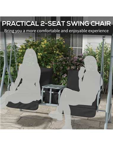 Outsunny 2 Seater Garden Swing Chair Patio Rocking Bench w/ Tilting Canopy, Double Padded Seats, Storage Bag and Tray, Black 84A