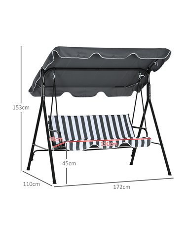 Outsunny 3-Seat Swing Chair Garden Swing Seat with Adjustable Canopy for Patio, Grey and White 84A-054V04CG