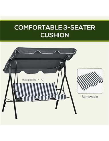 Outsunny 3-Seat Swing Chair Garden Swing Seat with Adjustable Canopy for Patio, Grey and White 84A-054V04CG