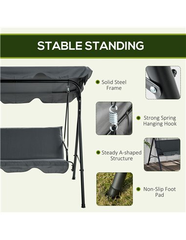 Outsunny 3-Seat Swing Chair Garden Swing Seat with Adjustable Canopy for Patio, Grey 84A-054V04GY
