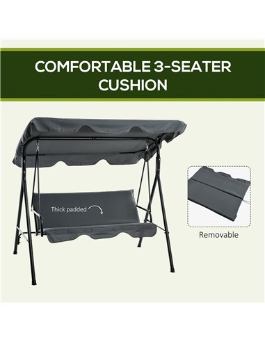 Outsunny 3-Seat Swing Chair Garden Swing Seat with Adjustable Canopy for Patio, Grey 84A-054V04GY