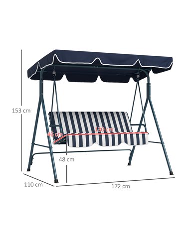 Outsunny 3-Seat Swing Chair Garden Swing Seat with Adjustable Canopy for Patio, Blue and White 84A-054V03BU